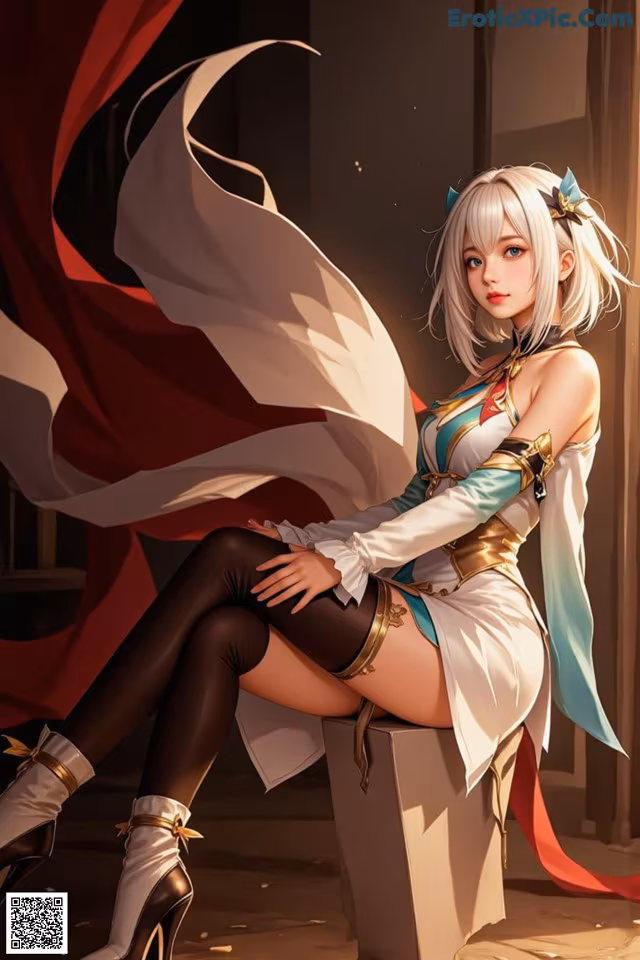 A woman sitting on top of a box with a red and white cape.