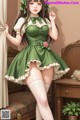 A woman in a green dress and white stockings posing for a picture.