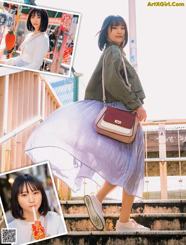 A woman in a purple skirt and a green jacket is posing for a picture.