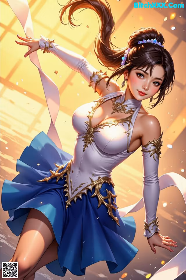 A woman in a blue and white dress holding a ribbon.