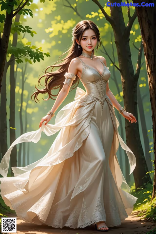 A woman in a long white dress walking through a forest.