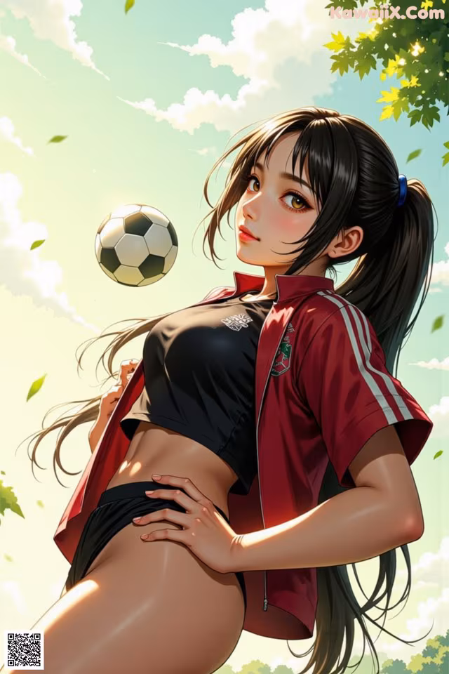 A woman in a red jacket holding a soccer ball.