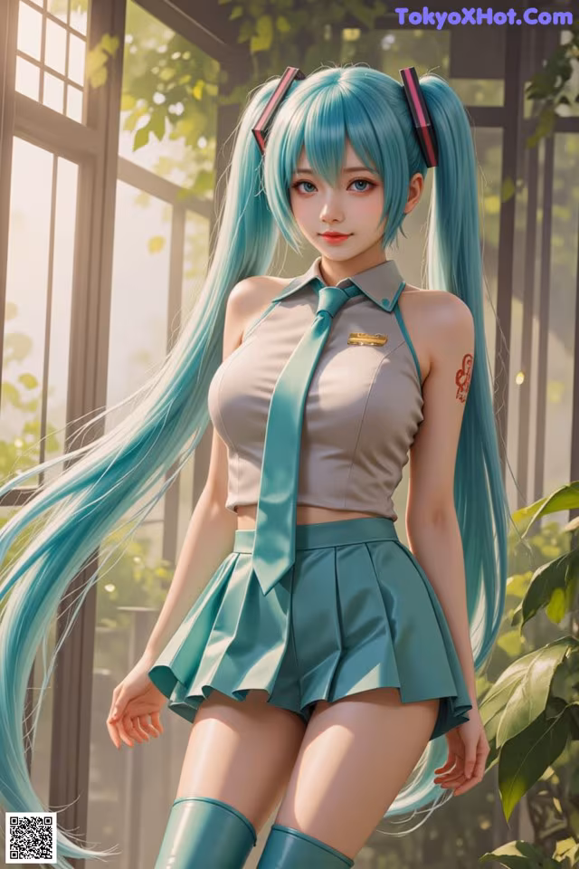 A woman with long blue hair wearing a green skirt and a white shirt.