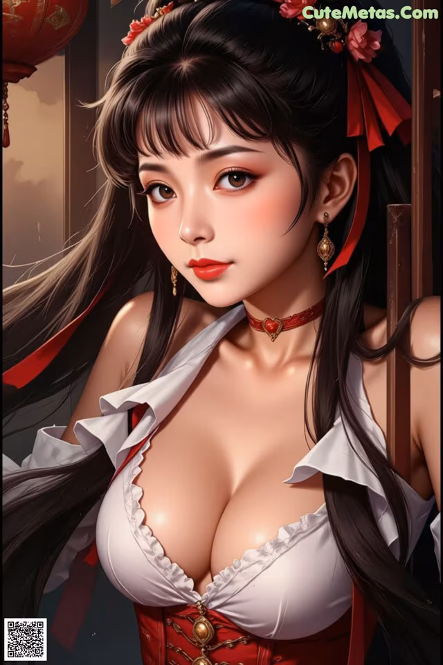 A woman with long black hair wearing a red and white dress.