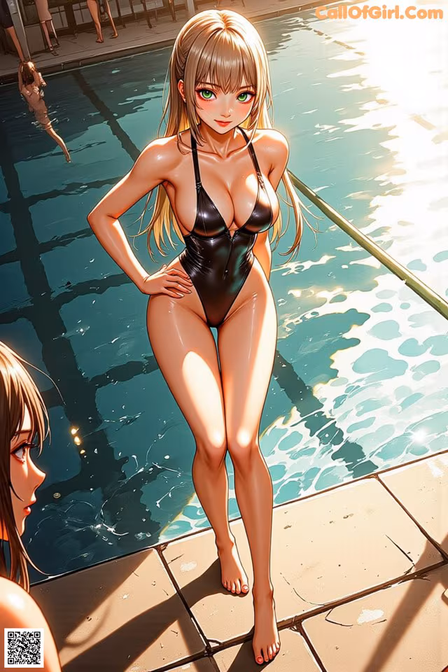 A woman in a black bathing suit standing next to a pool.