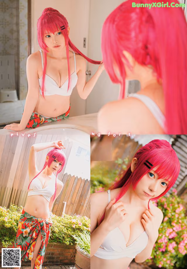 A woman with pink hair is posing for a picture.