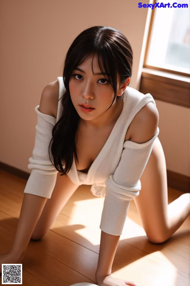 A woman in a white sweater is sitting on the floor.