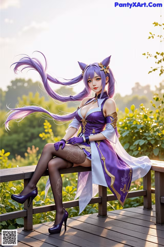 A woman in a purple dress sitting on a wooden bench.