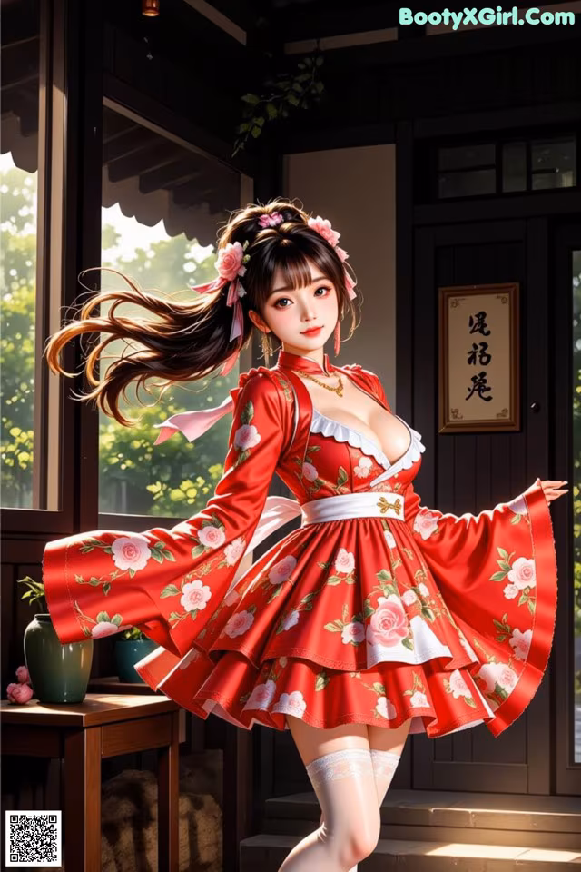 A woman in a red dress is posing for a picture.
