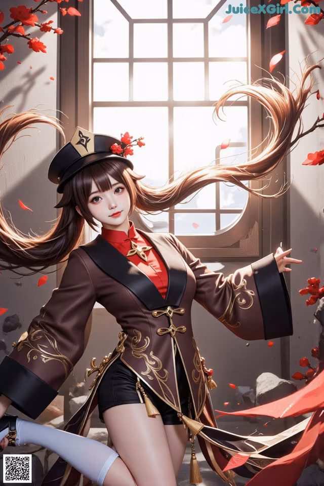 A woman in a red and black outfit is posing for a picture.